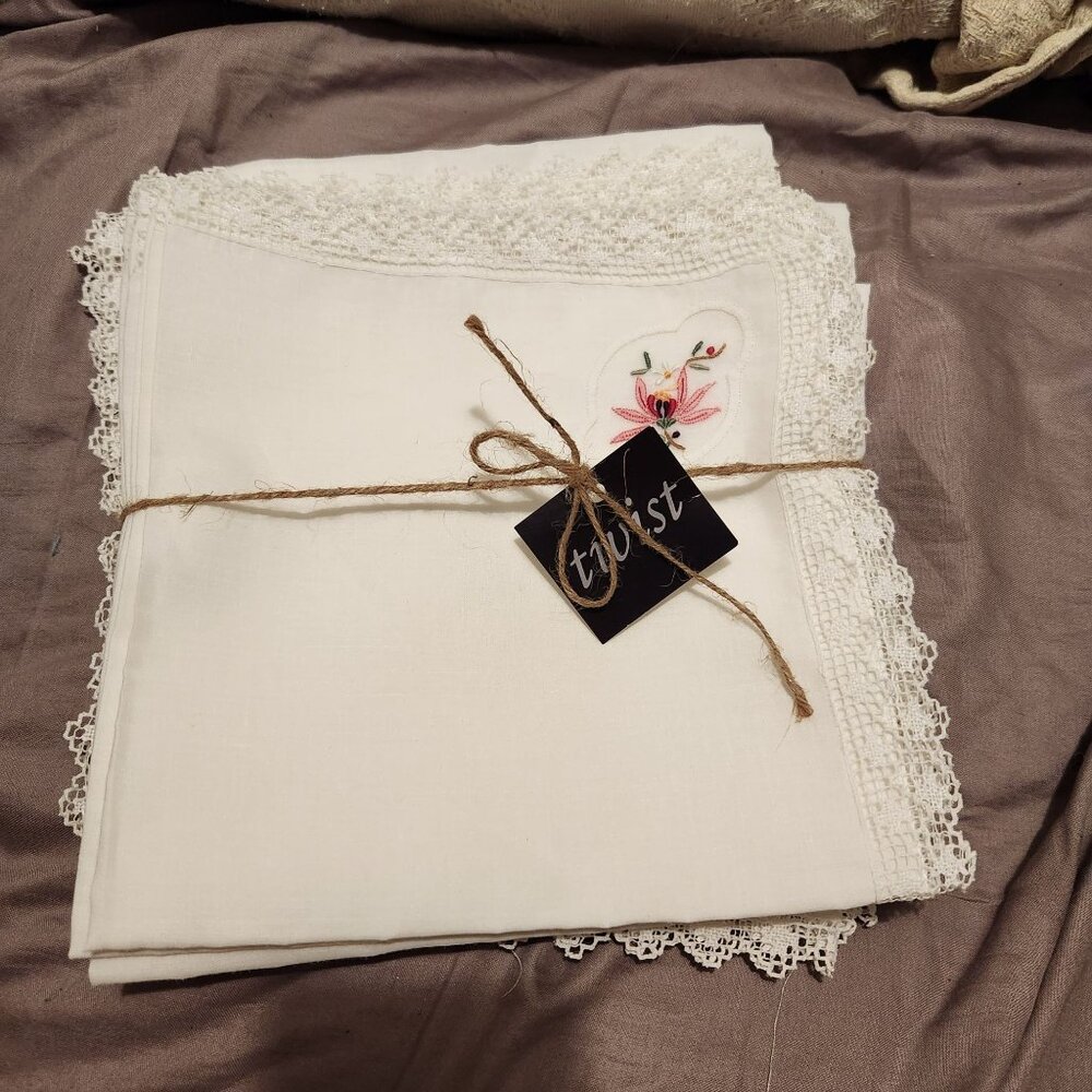 Handmade Vintage Linen Napkins Set Of 12 With Embroidered Floral Detail & Lace T